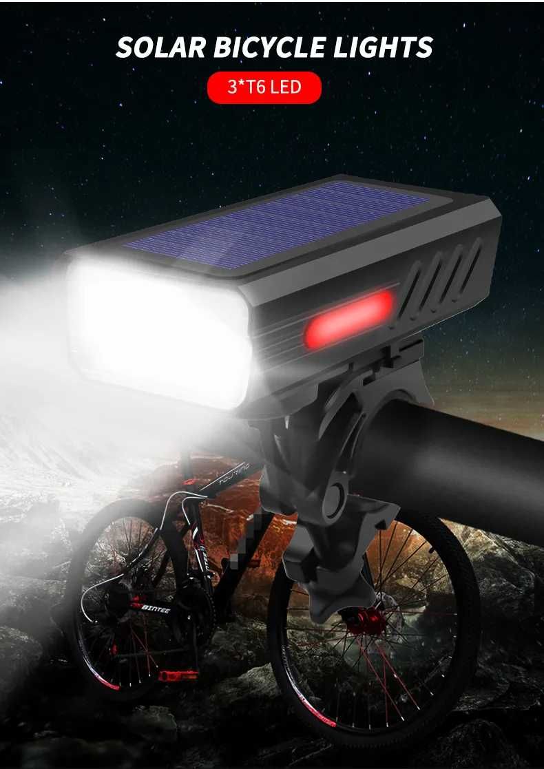 Соларен фар за велосипед с 3*T6 диода, сирена 120dB, 3000Lm
