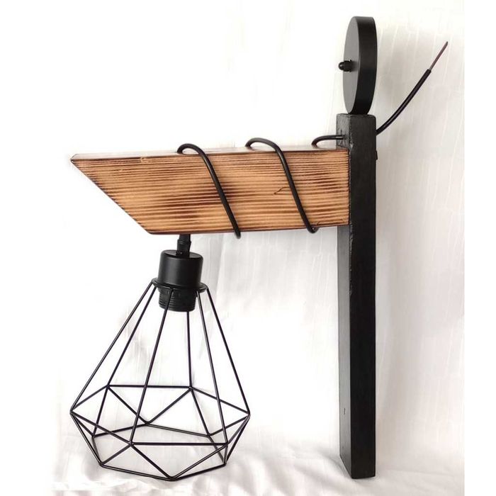 Aplica de perete din lemn de pin si metal, handmade, rustic–industrial