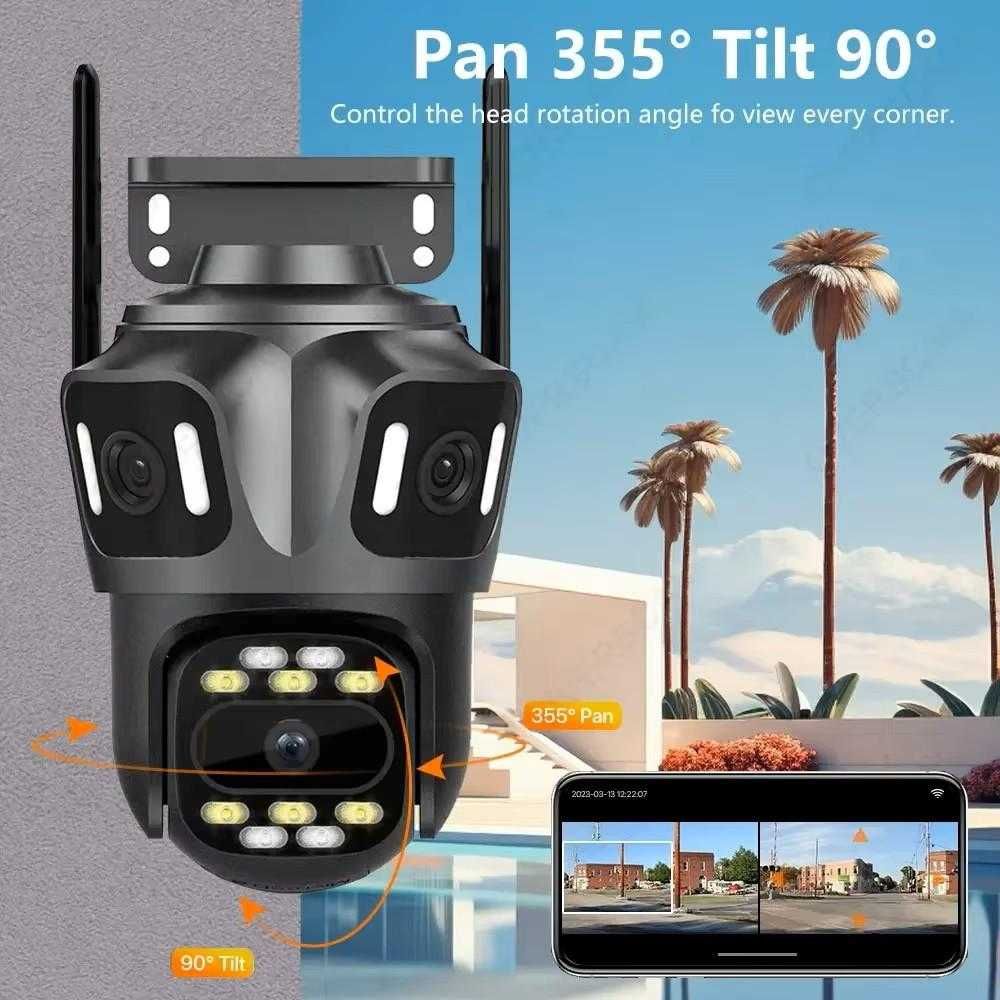 Топ цена! Тройна Външна WiFi Камера 12MP  с три лещи IP66, iCsee