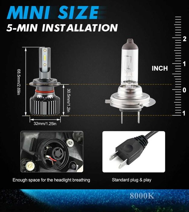 Becuri auto LED Bevinsee H1 - H3 - H4 - H7 - H8 - H9 - H11 12V 6000K
