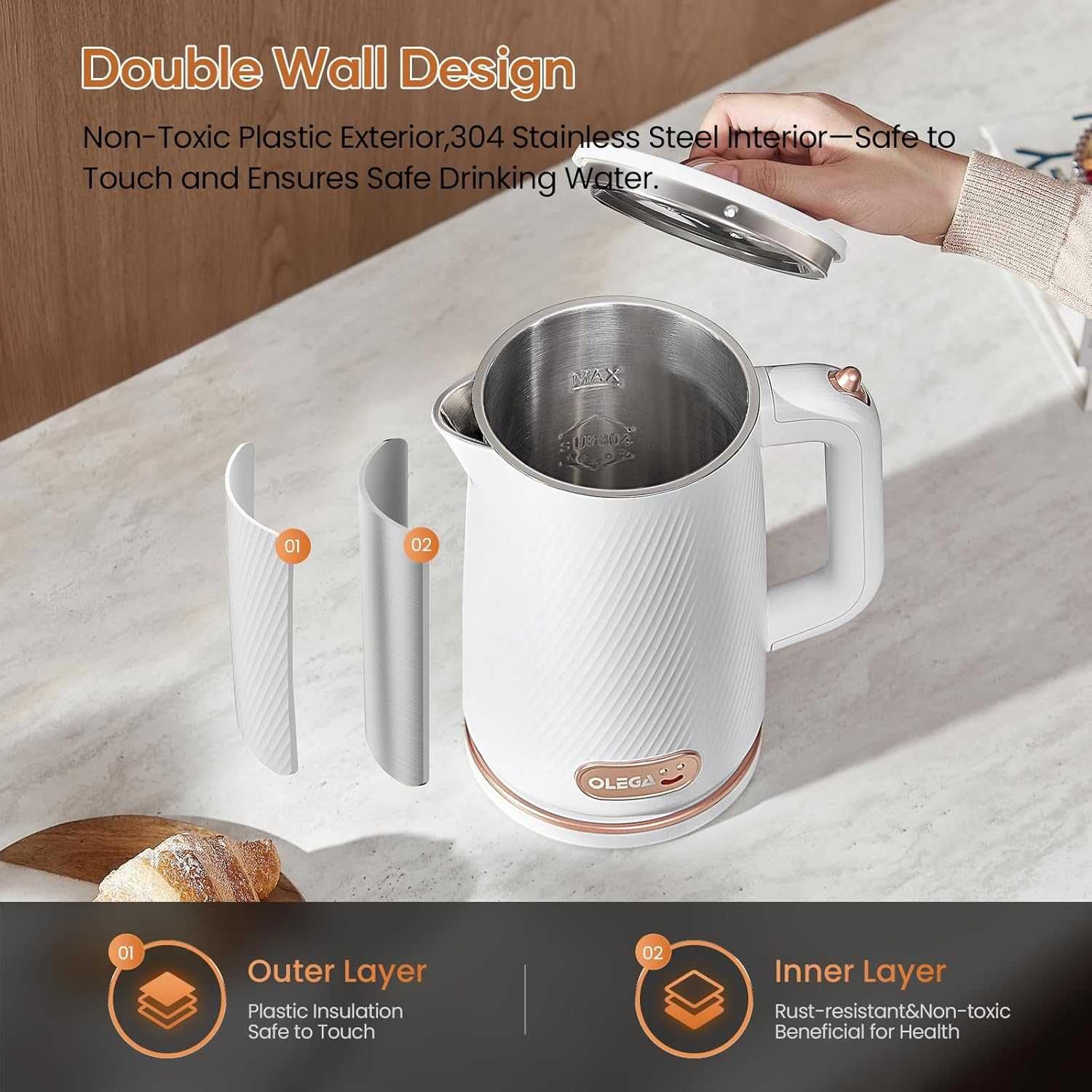 OLEGA Електрическа кана за вряща вода, 1500W 1,8L с лек ДЕФЕКТ