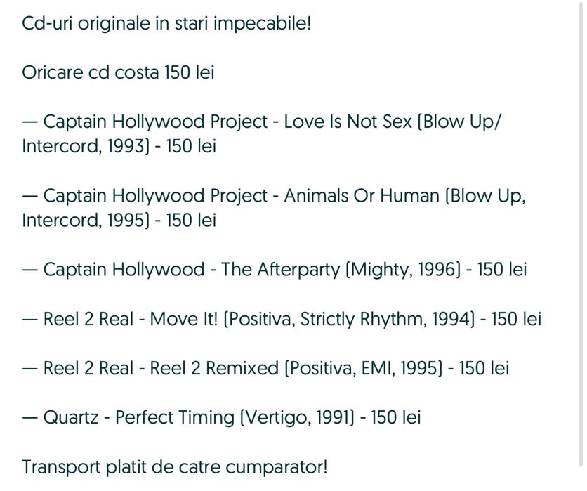 Cd-uri eurodance 90’s - Captain Hollywood Project/Reel 2 Real/ Quartz