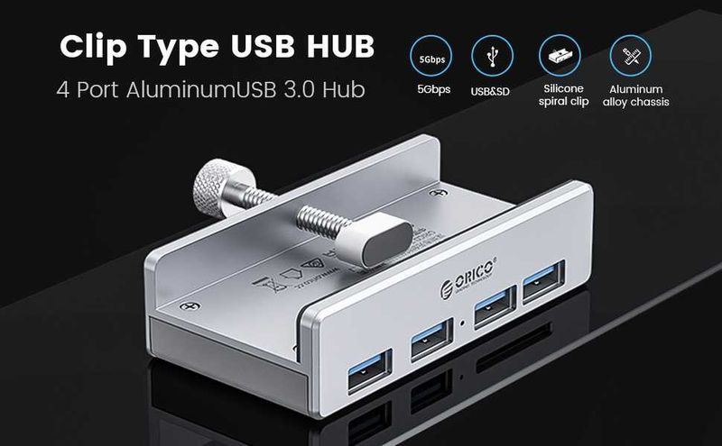 Orico хъб USB 3.0 HUB Clip Type 4 port +  power input MH4PU-P-SV-BP