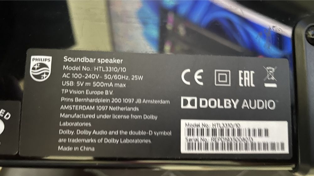 Soundbar Philips HTL3310/10, Subwoofer wireless 2.1CH, HDMI ARC, 160 W