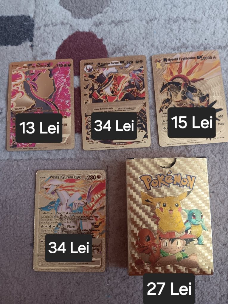 Vand 54 de cartonașe Pokemon originale+ pachetul lor, înveliș de aur