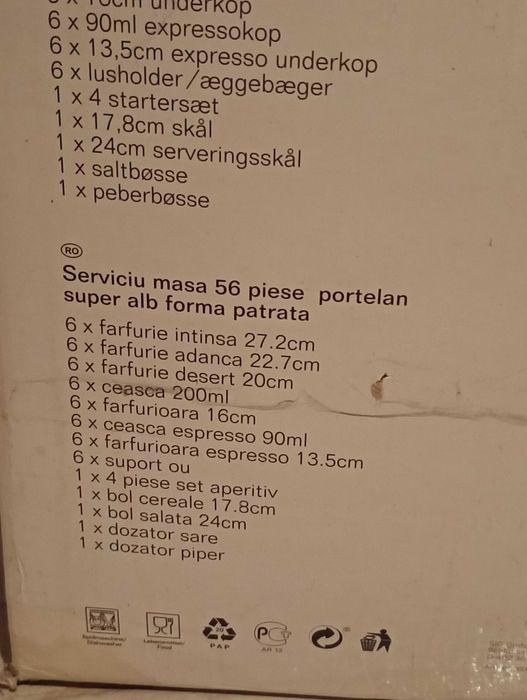 Serviciu de masa 56 piese porțelan super alb forma patrata