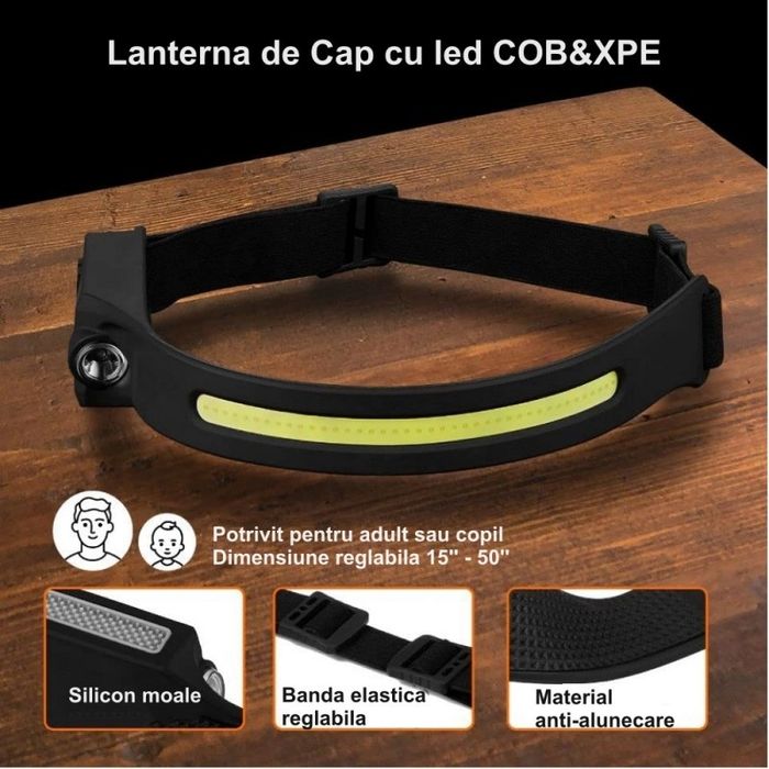 Lanterna de cap cu LED COB & XPE și SENZOR mișcare cu acumulator