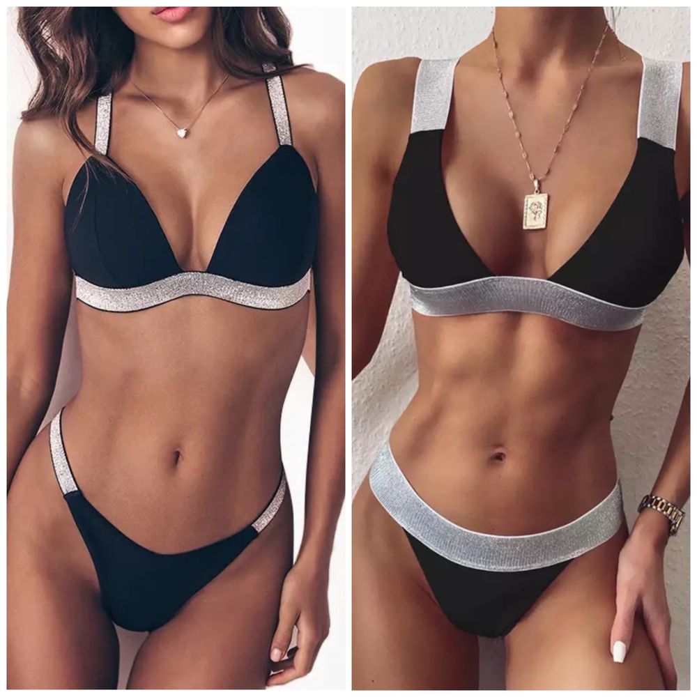 Costum baie C110 negru argintiu Push Up Tanga Brazilian Talie inalta