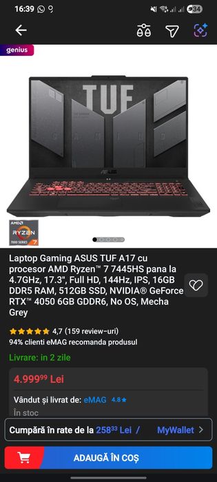 ASUS TUF A17 cu procesor AMD Ryzen™ 7 7445HS pana la 4.7GHz, 17.3''