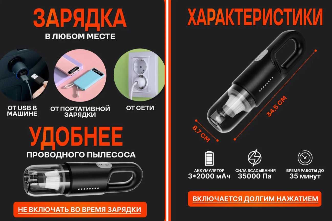 Пылесос для автомобиля ручной беспроводной мини