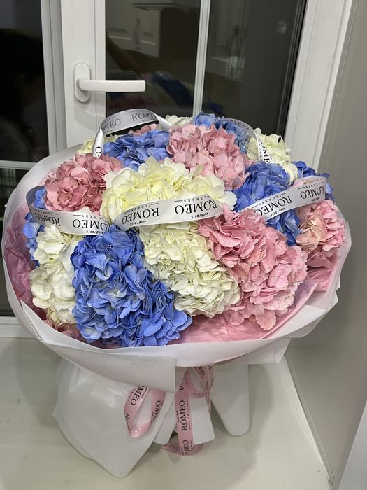 Роскошный букет гортензий в нежных постельных оттенках. Букет свежий.