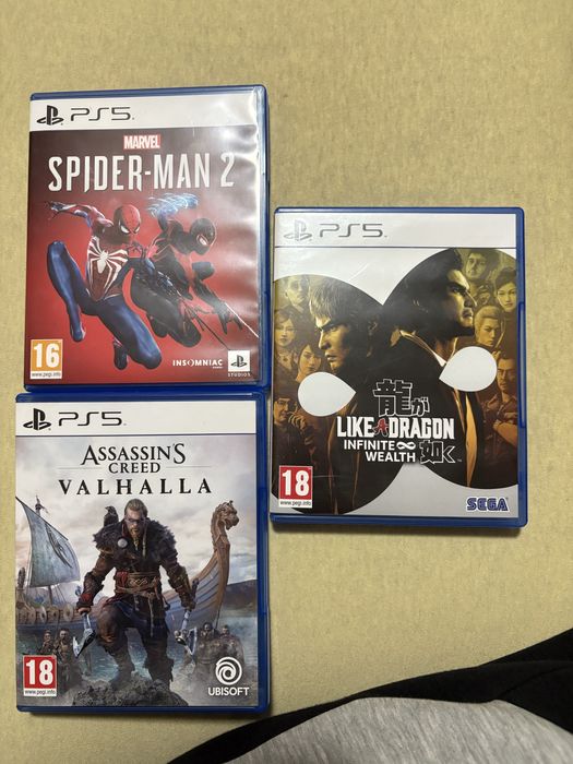 Spider man 2, Assasins Creed Valhala, Like a dragon Ps5