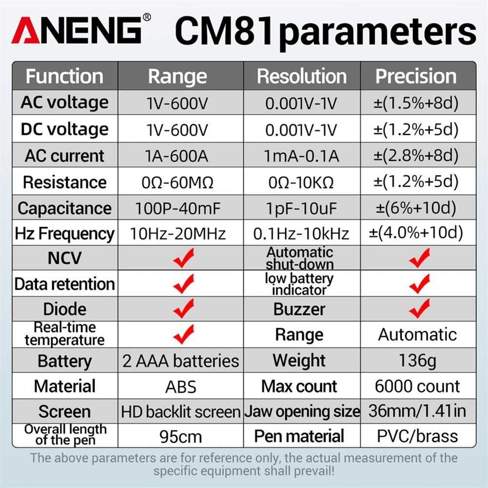 Професионални амперклещи ANENG /LCD дисплей/600A/600V/60MΩ /40mF/10Hz