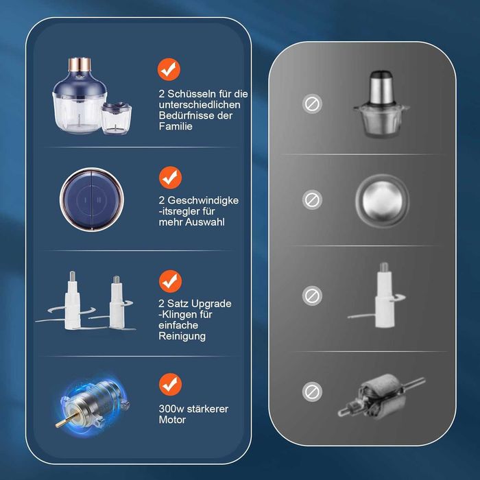 Стъклен чопър кухненски робот Bear 0.6L + 2L, 2 нива на скорост