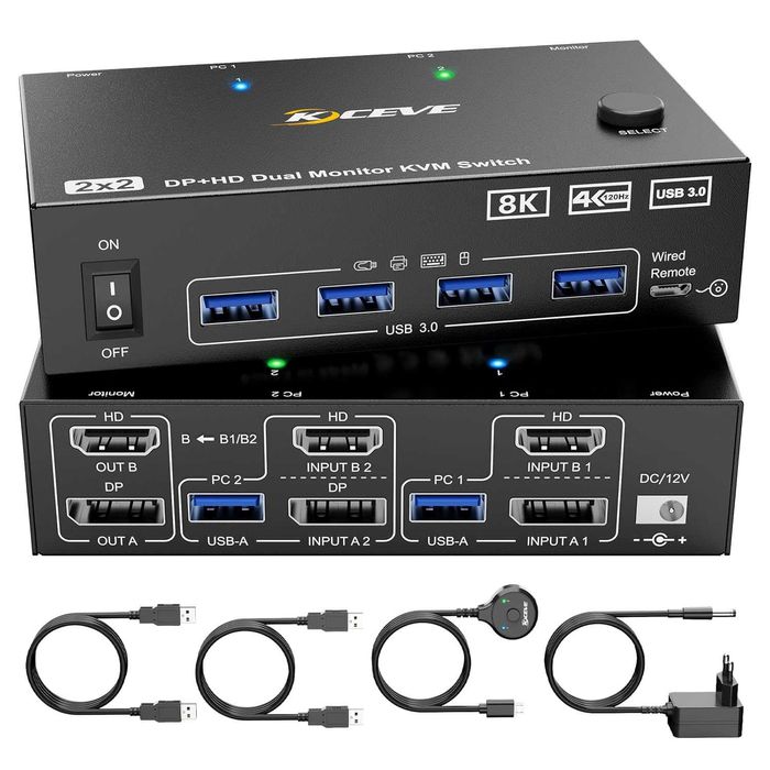 KVM HDMI Switch KCEVE 8K 2 PC 2 Monitoare cu USB 3.0 și Telecomandă