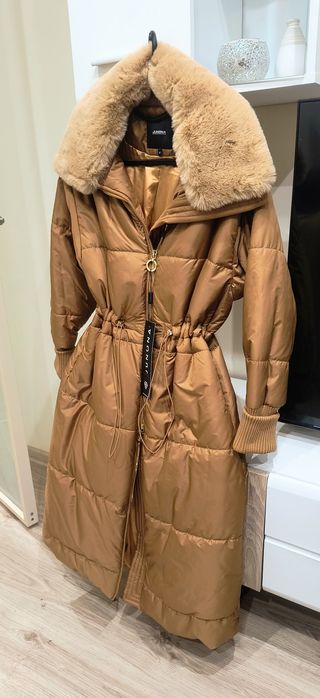 Дамско дълго яке с пух Junona Юнона кашмирено палто бюстие късо сако