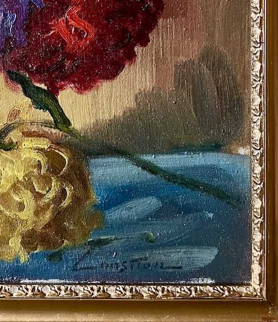 CONSTION-”Crizanteme” Tablou AUTENTIC, Vechi, ul/pză/cart, 70x50cm+ram