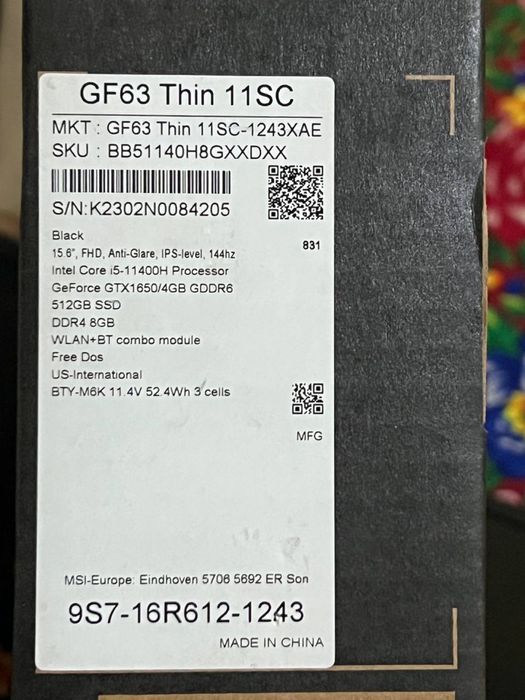 Продается ноутбук новый игровой GF63Thin11SC