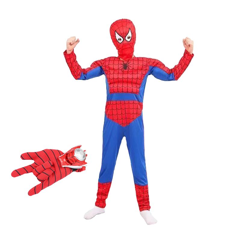 Set costum Ultimate Spiderman copii, 120-130 cm si manusa cu discuri