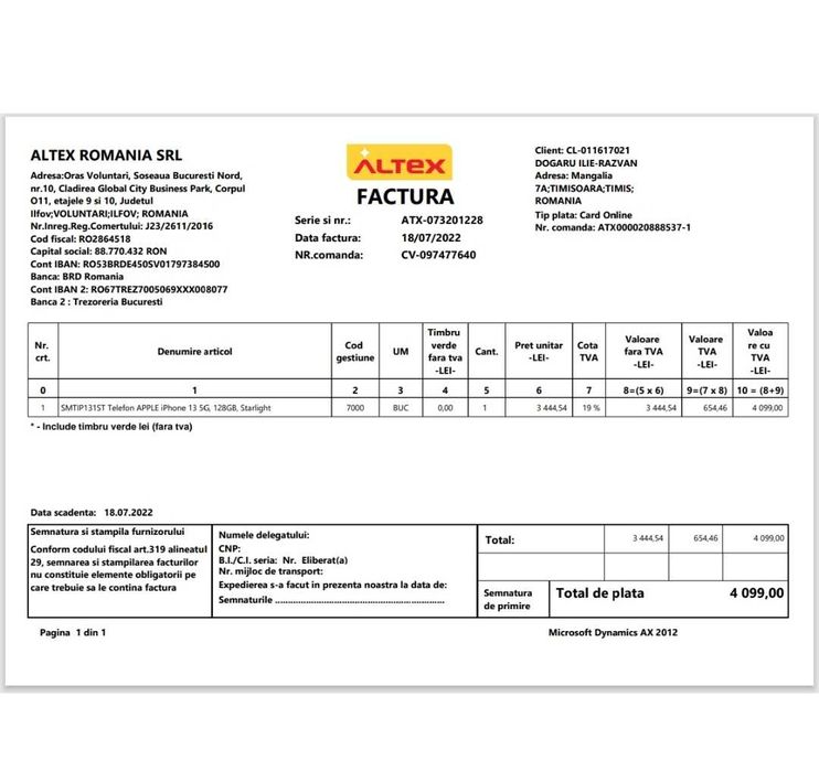 Vând Iphone 13 ALB  128 GB achizitionat nou din magazinul Altex