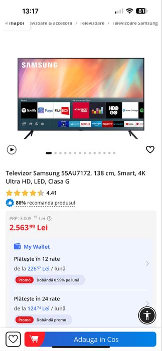 Televizor Samsung 55AU7172, 138 cm, Smart TV 4K Ultra HD LED