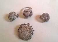 Комплект дизайнерски сребърни бижута - обици, пръстен, брошка