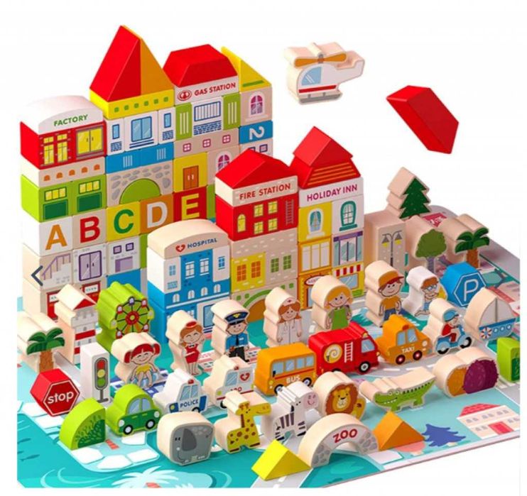 Комплект конструктор с дървени блокчета в кофа, 120 части