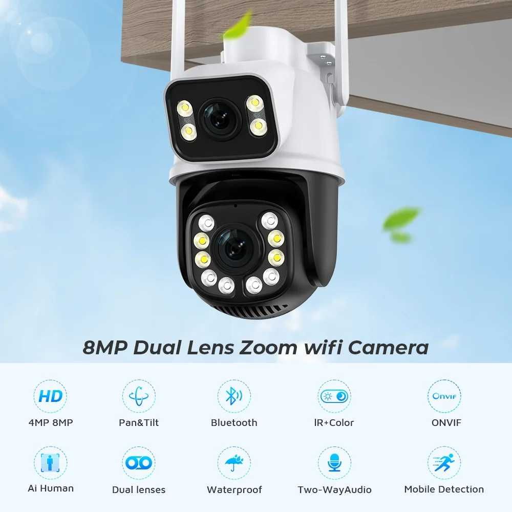 8MP PTZ WiFi IP Камера за Сигурност с Двоен Обектив, Цветно Нощно