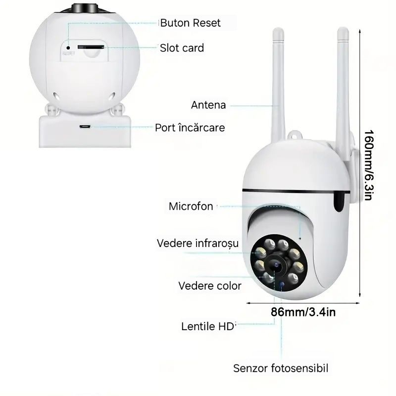 Cameră WiFi Audio-Video PTZ. Interior/Exterior. Notificări/Alarme