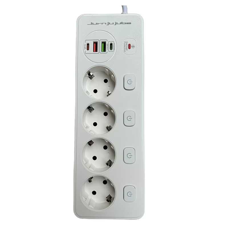 Удължител Jurnjujube, защита от пренапрежение, 4 гнезда, 2 USB, 3250W