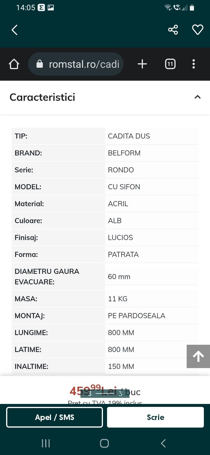 Cadita duși NOUĂ .cu scurgere.