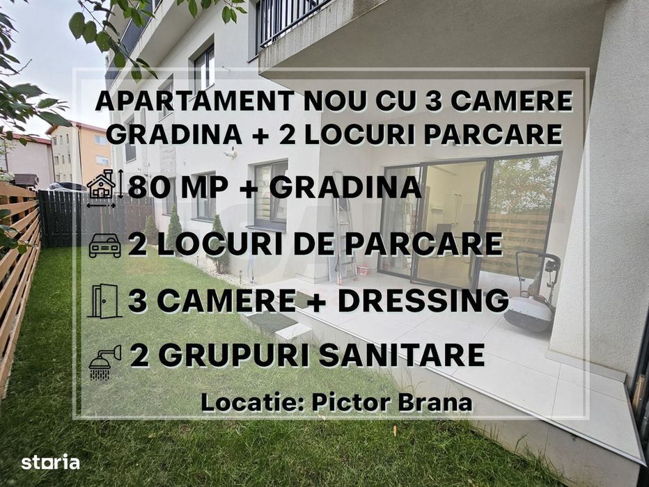 Ap. 3cam. + gradina, 2 bai, 80 mp, 2 locuri parcare, mobilat si utilat