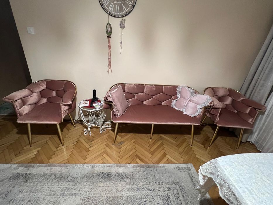 Set sofa si 2 fotolii roz-pal catifea