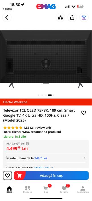 Vand tv tcl 189 cm ultra 120 hz folosita 2 saptamani are folia pe ecra