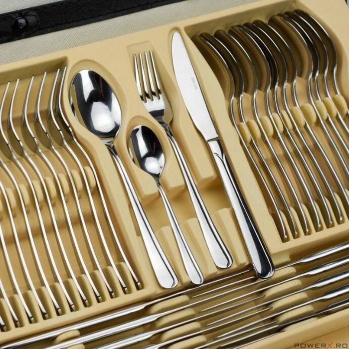 Set tacamuri din inox, 72 piese, geanta depozitare tip diplomat,