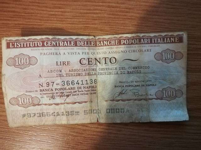 Bancnota Fila cec de 100 lire Italine