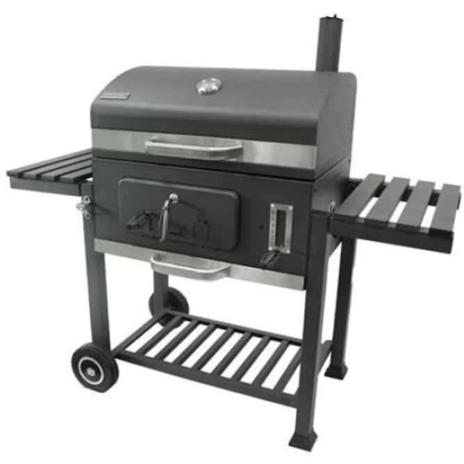 Gratar profesional XXL cu grill de fonta, cenusar, roti, termometru et