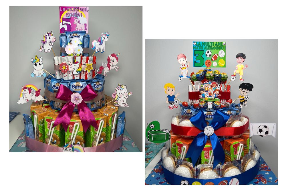 Tort din dulciuri ambalate, cu sucuri, Tedi, Barni, Kinder la alegere