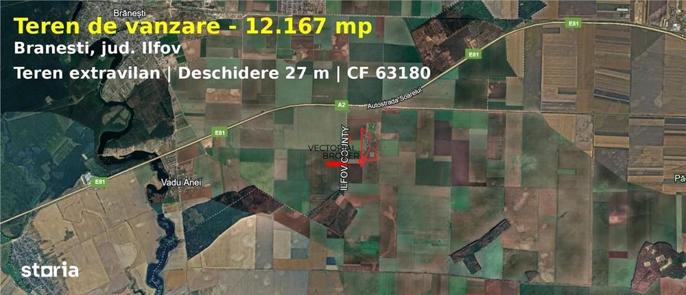 Teren extravilan 12.167 mp – Branesti, Ilfov – deschidere 27 m