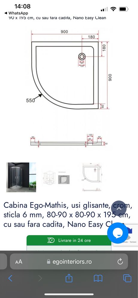 Cabina de dus cu cadita Ego-Mathis, usi glisante, crom, sticla 6 mm