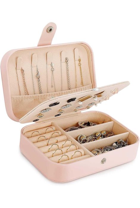 Cutie bijuterii cu 2 nivele si oglinda, piele ecologica, Roz/Alb