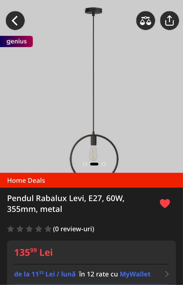 Pendul Rabalux Levi, E27, 60W, 355mm, metal