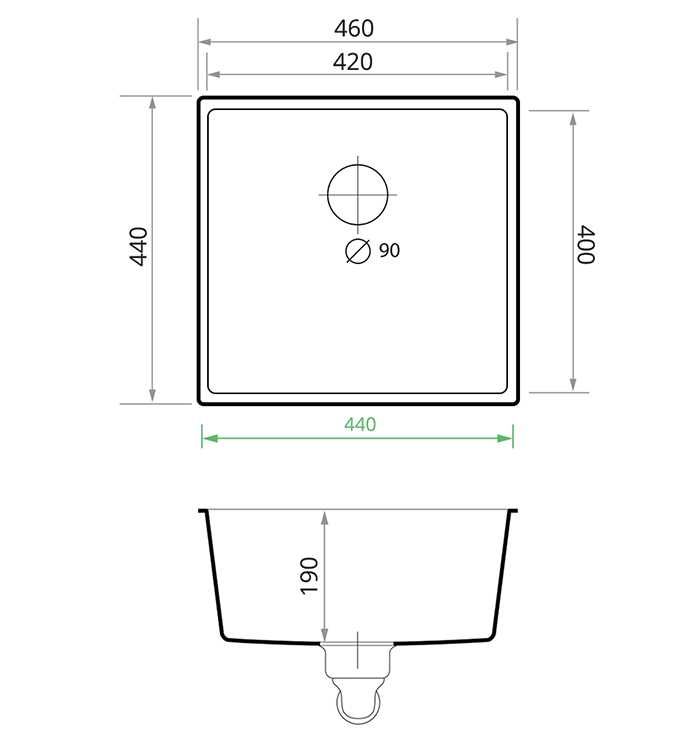 Гранитна Мивка за Вграждане под Плот Лондон 50 XL - 460 x 440 mm сив