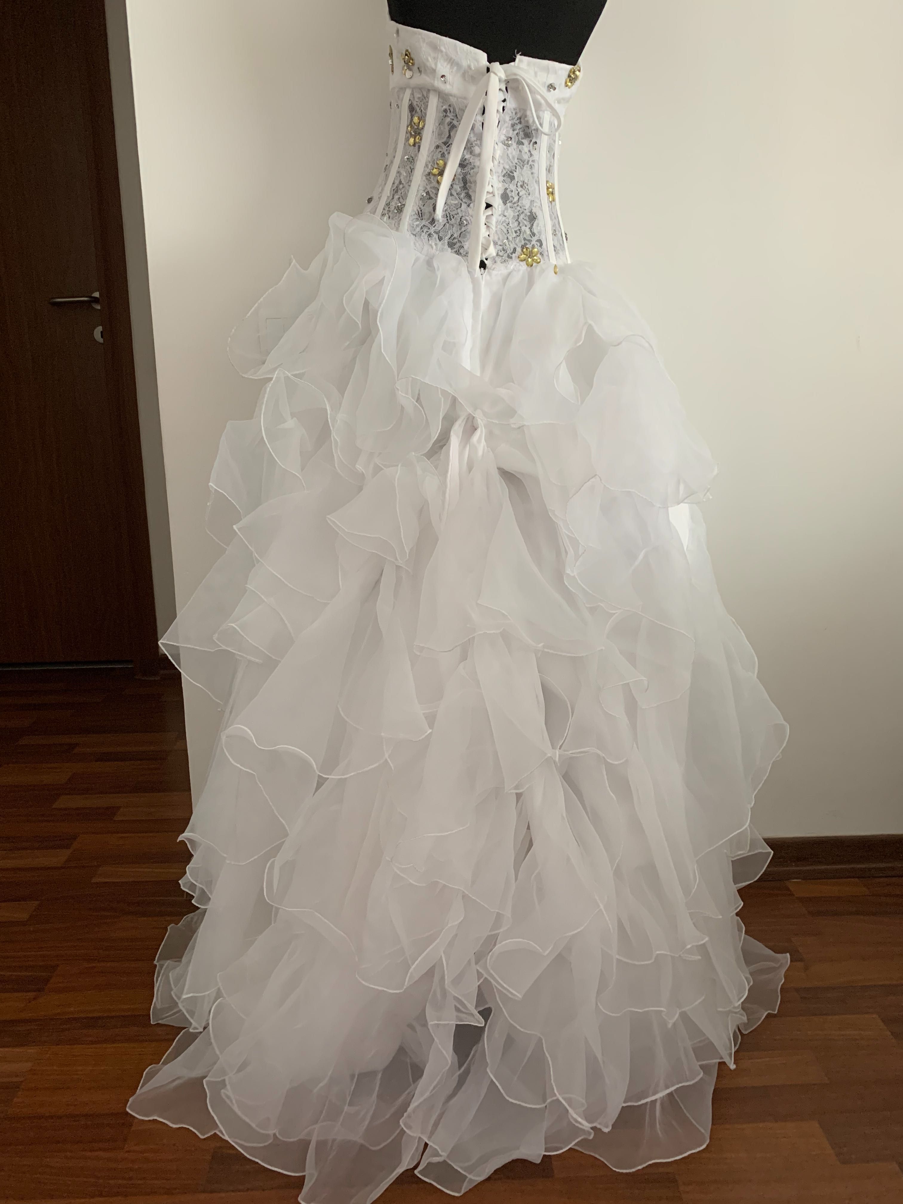 rochie mireasa organza, dantela si pietricele