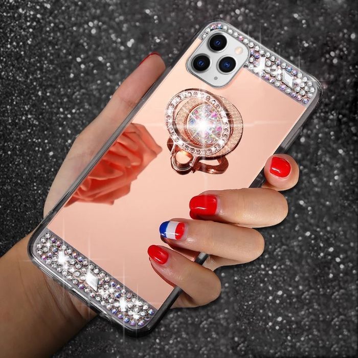 Husa Oglinda + pietricele + inel iPhone 12,12 Mini, 12 Pro, 12 Pro Max