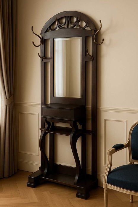 Cuier vintage lemn masiv oglindă cristal , început 1950