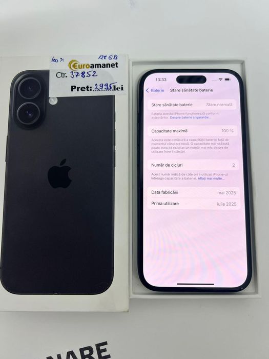 Telefon mobil Apple iPhone 16, 128GB, 5G, Black -I-