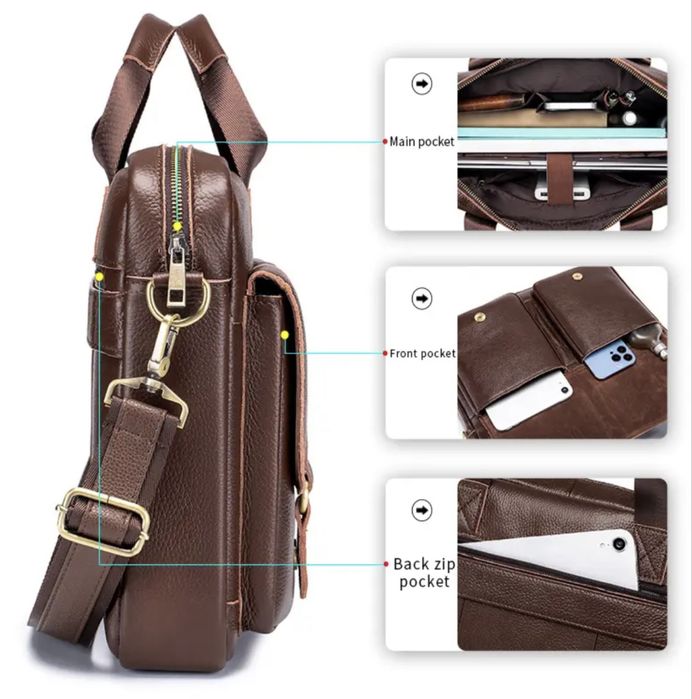 Професионална Мъжка Бизнес чанта (за Лаптоп 15”) Черна естествена кожа