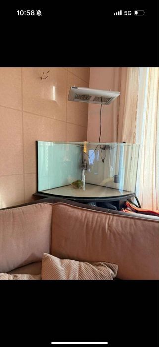 Acvariu de colt cu masă suport, filtru și lampă.