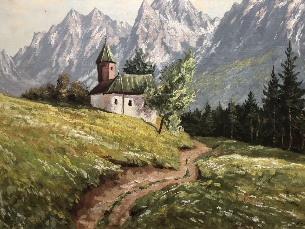 Tablou,pictura germana  in ulei pe lemn,peisaj in Alpi